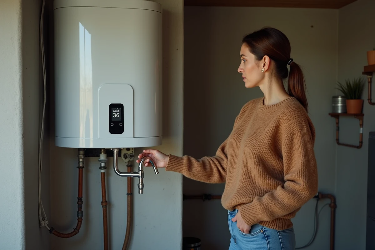 Femme regardant un affichage de température d’un chauffe-eau solaire intérieur