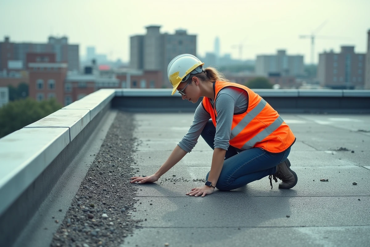 Femme couvreuse examine le gravier sur le toit urbain