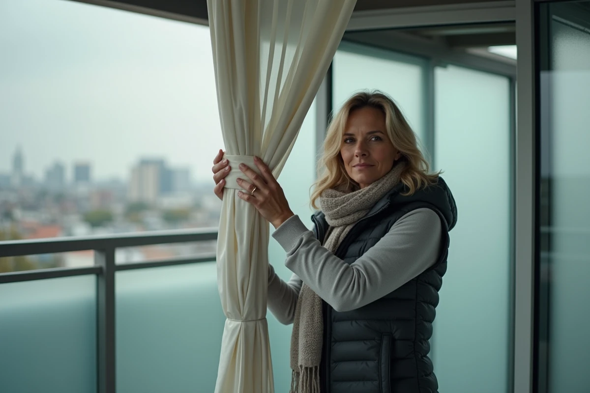 Femme ajustant une rideau imperméable sur une pergola urbaine