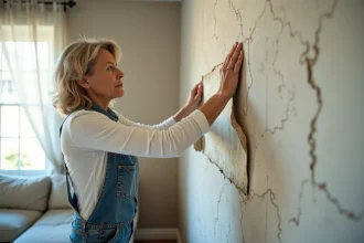 Femme décollant du papier peint floral dans un salon en rénovation
