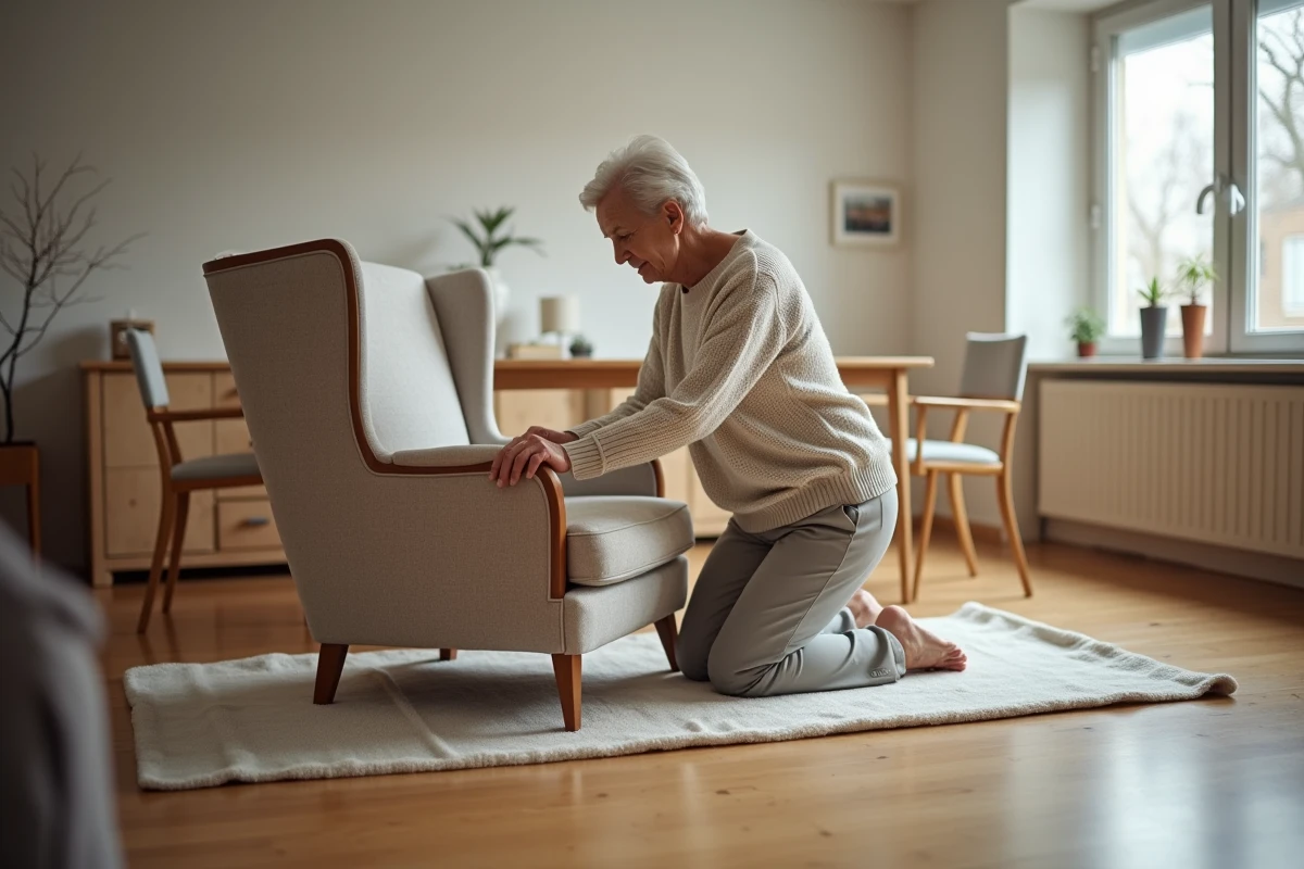 Femme âgée glissant un fauteuil lourd sur le sol en bois dans une salle à manger
