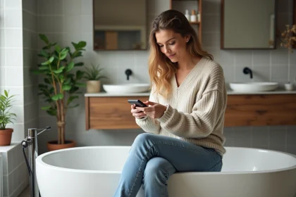 Femme en salle de bain design avec smartphone et plantes