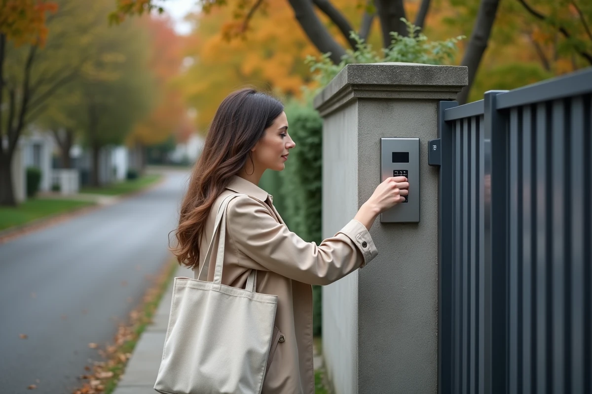 Femme saisissant son code sur le digicode d'un portail coulissant aluminium devant une maison