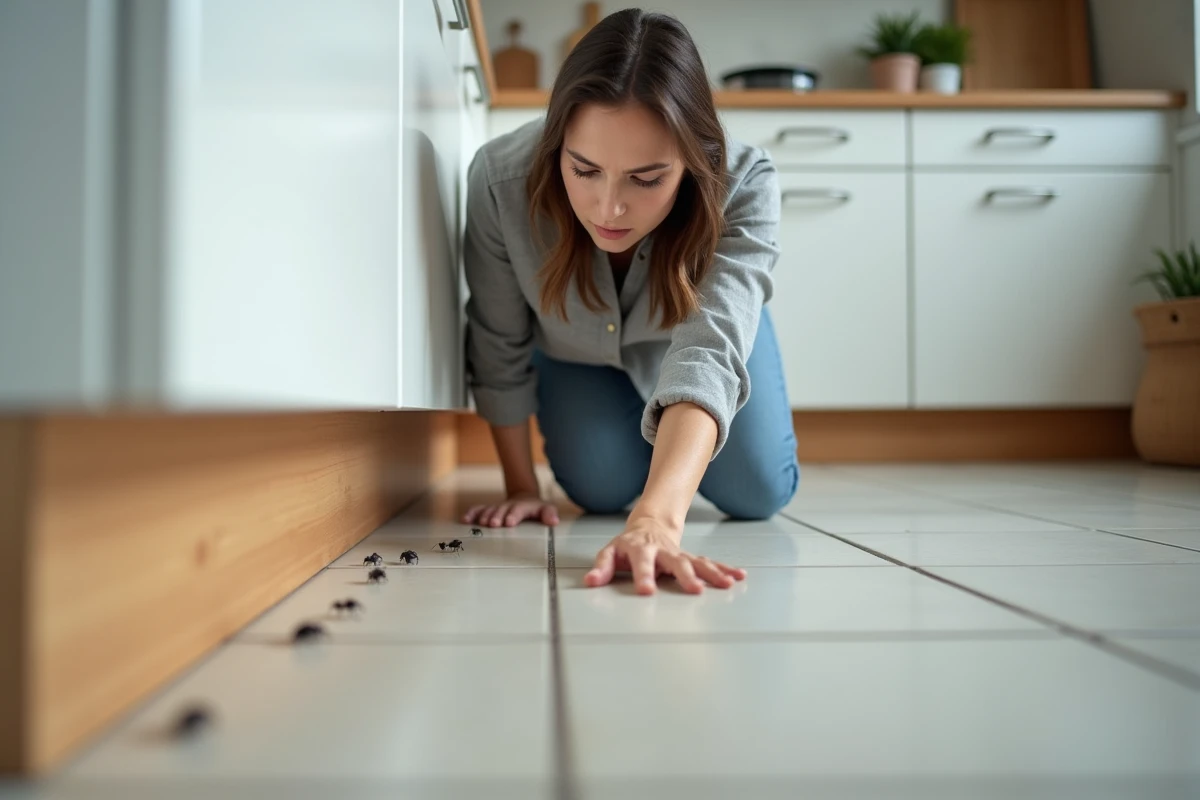 Femme examinant une trace de petits insectes noirs le long d'une plinthe de cuisine