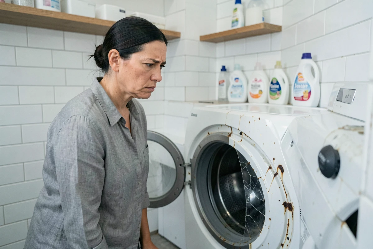 Femme inspectant un lave-linge défectueux avec rouille et joint abîmé dans une buanderie moderne