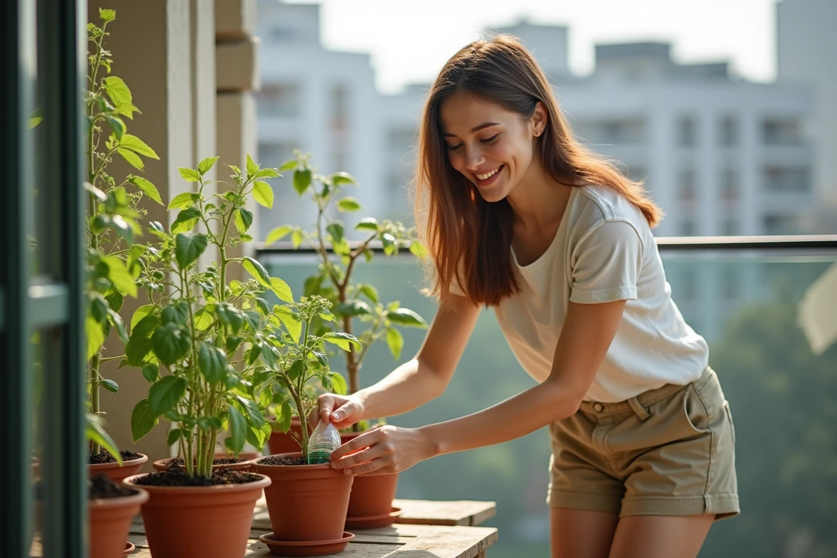 Femme montrant une astuce d irrigation avec bouteille percée sur balcon