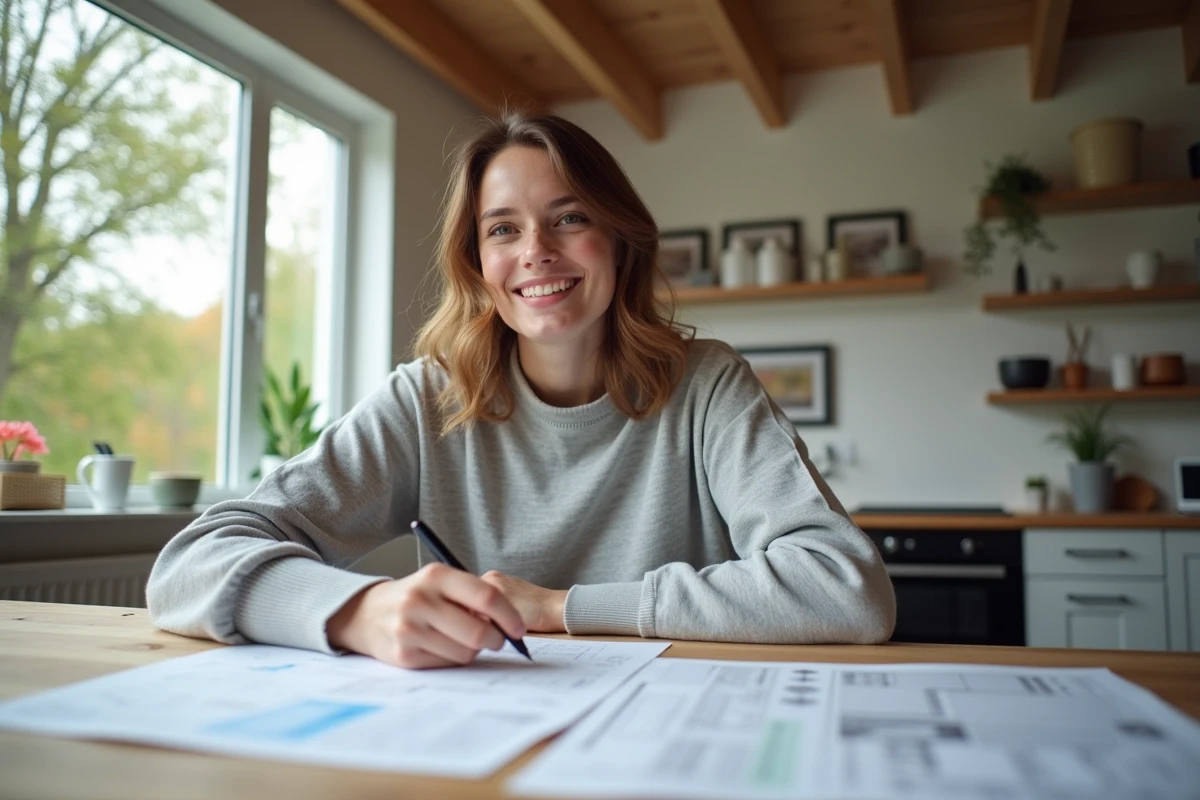 Jeune femme lisant des plans de rénovation dans la cuisine