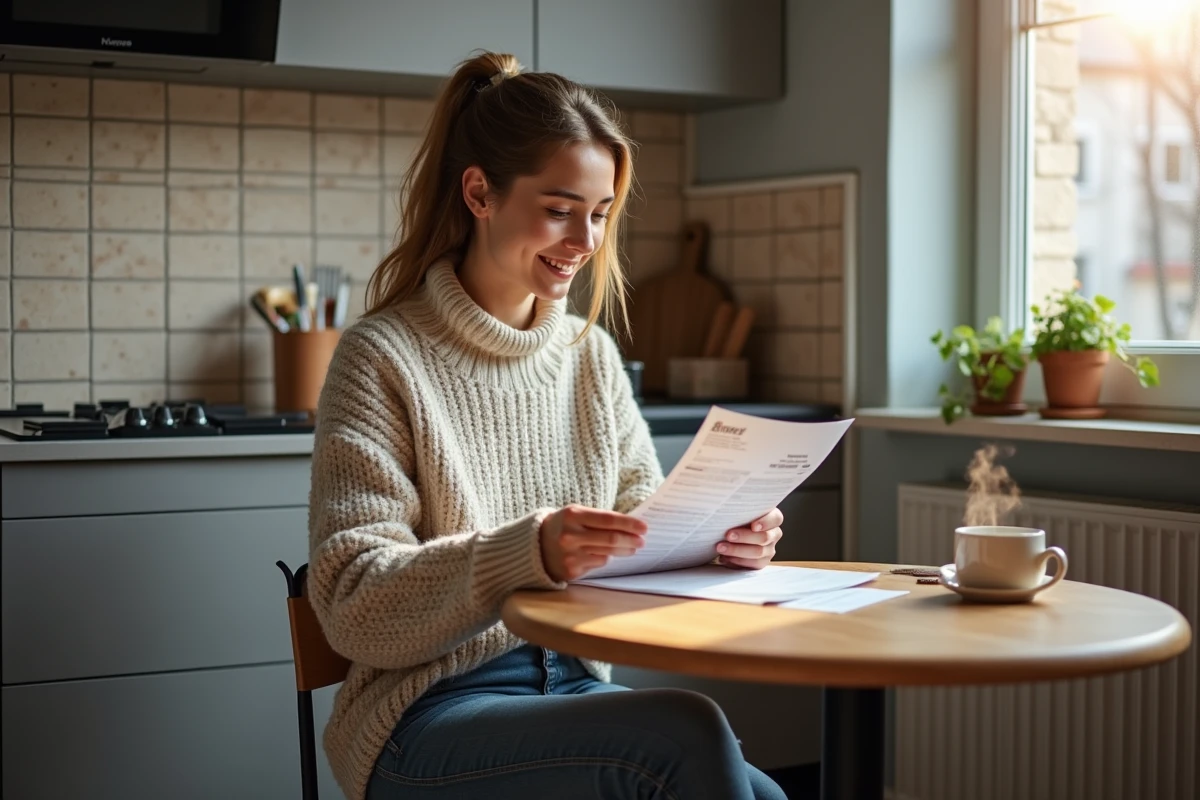 Jeune femme souriante lisant une facture de chauffage dans sa cuisine