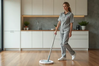 Femme de ménage professionnelle en uniforme gris nettoyant un parquet dans un appartement moderne