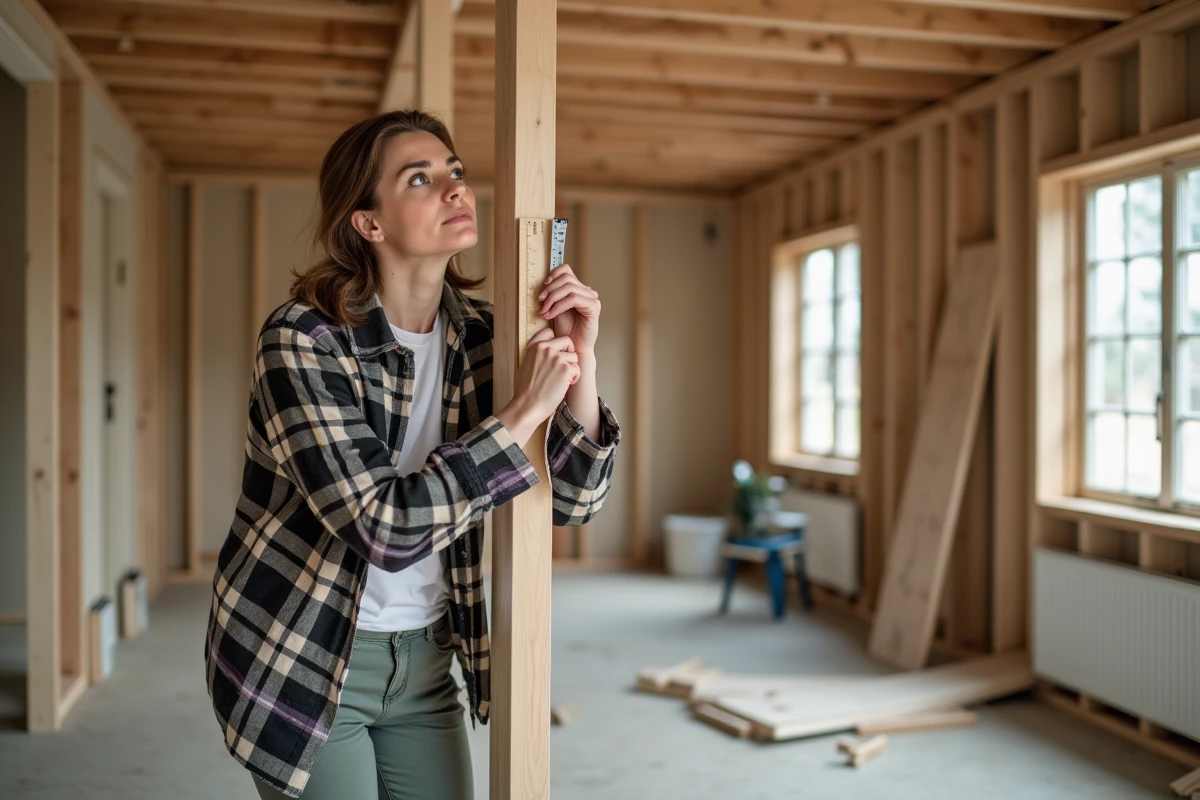Femme mesurant une poutre en bois avec un mètre