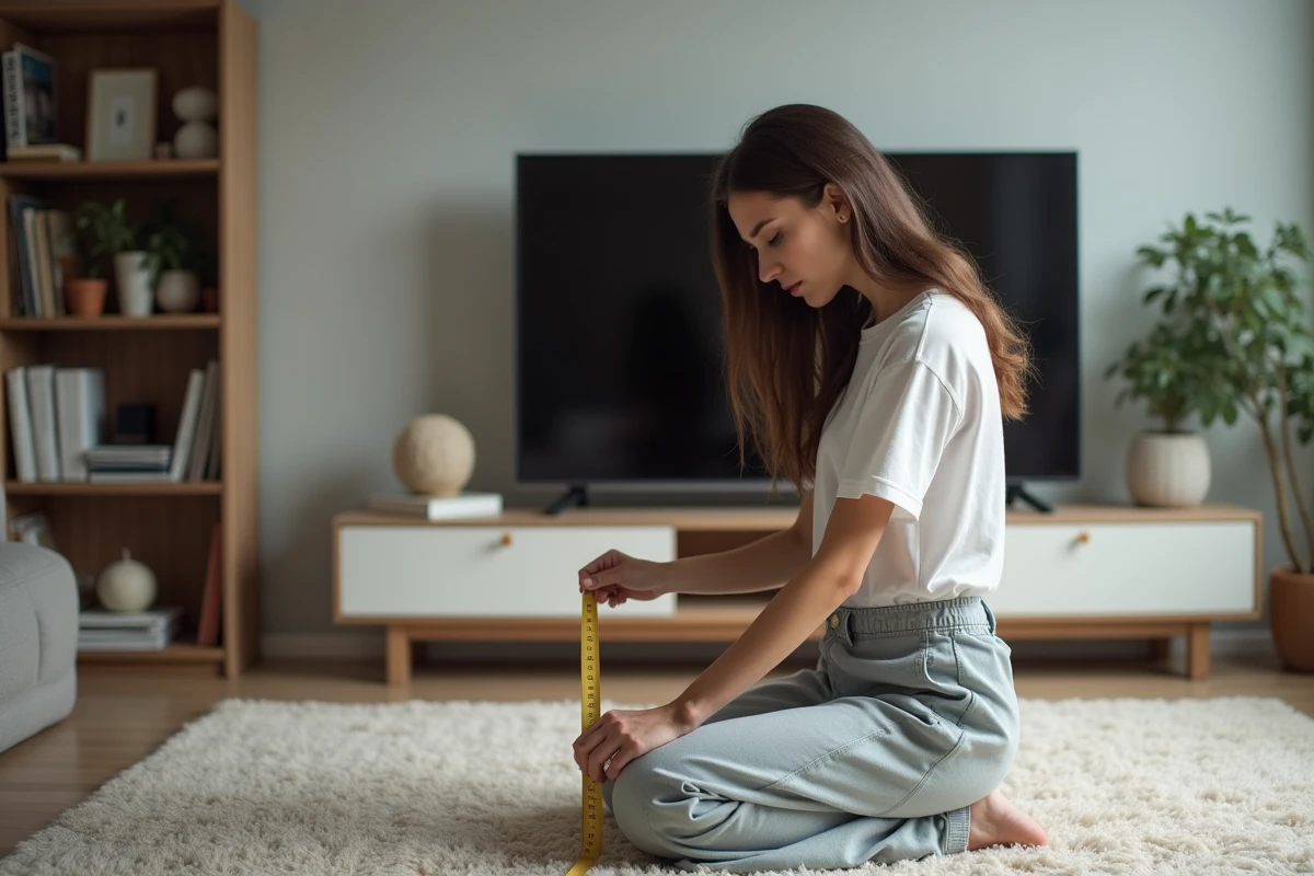 Jeune femme mesurant la distance pour regarder la TV