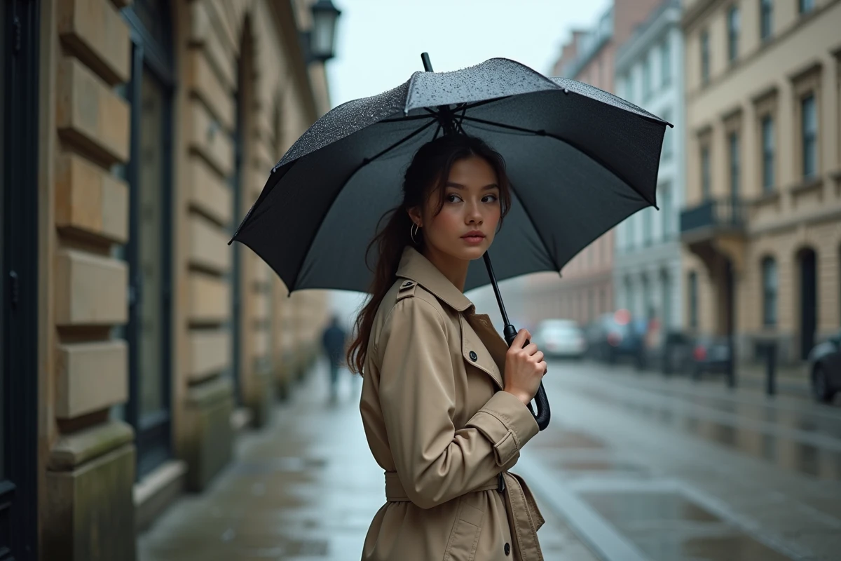 Jeune femme sous un parapluie examinant sa veste imperméable en ville