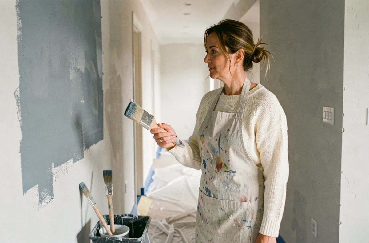 Femme appliquant une peinture gris-bleu dans un couloir en rénovation avec pinceau et apprêt de peintre