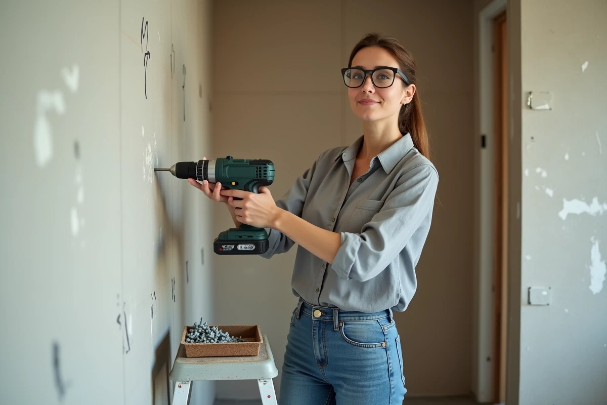 Femme perçant un mur en placo avec cheville prête à poser dans un appartement en rénovation