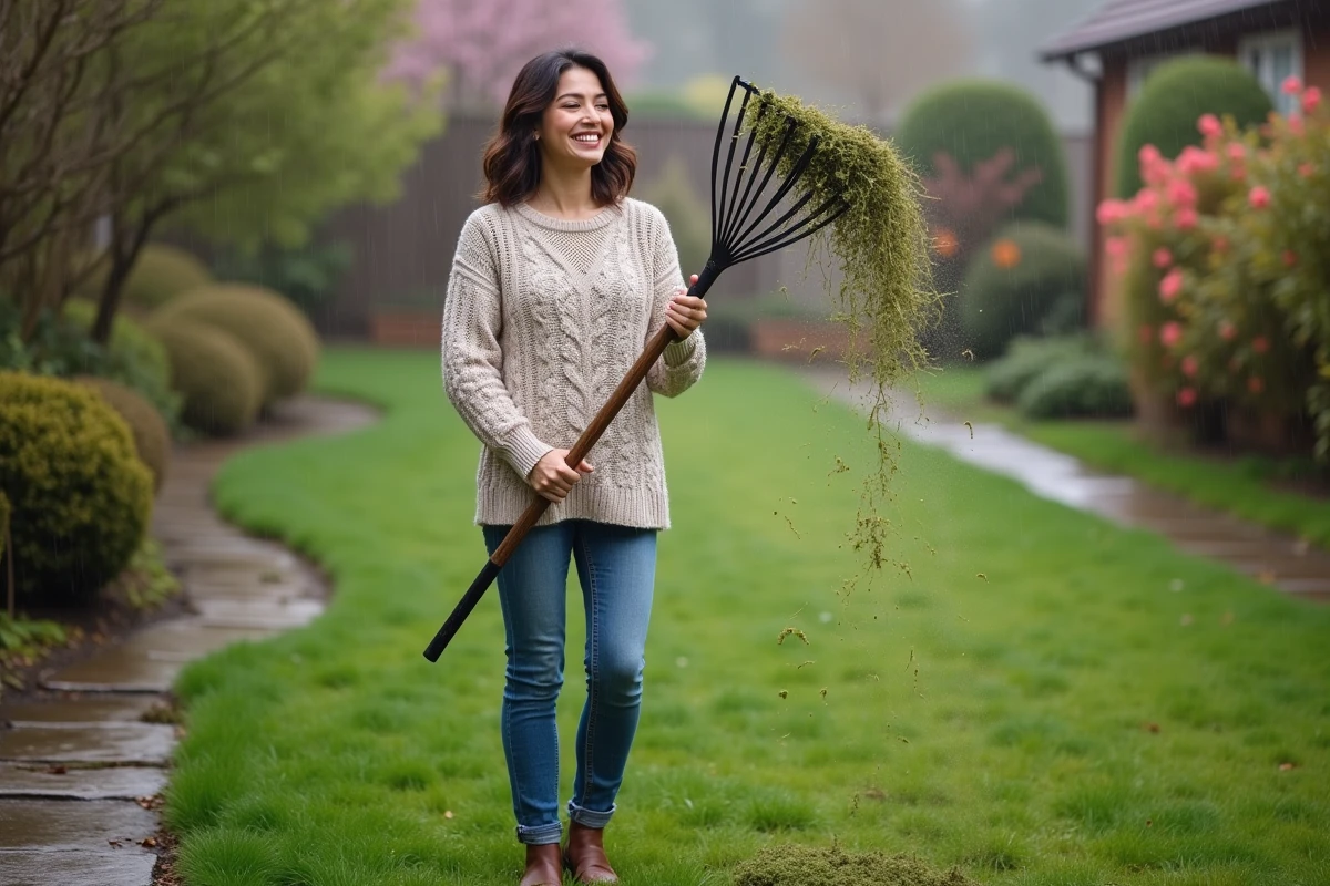 Femme souriante en train de secouer la mousse du râteau dans le jardin
