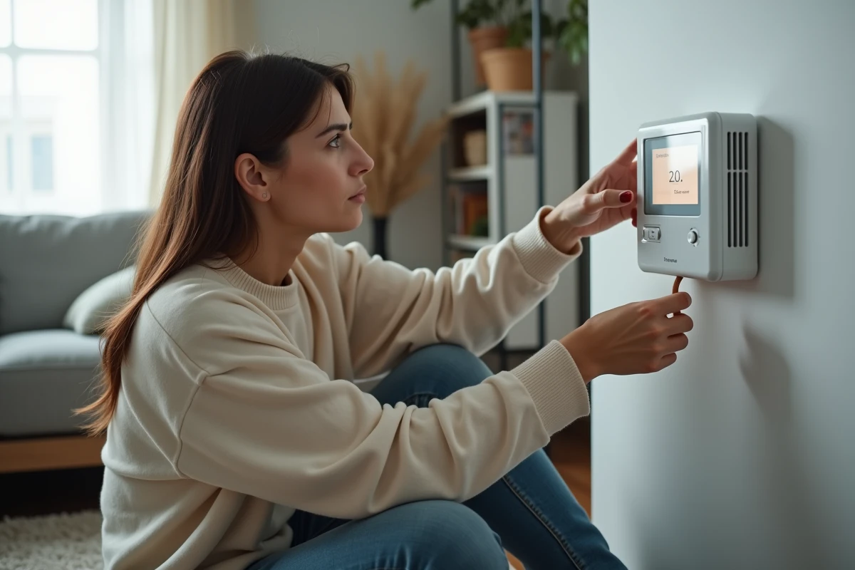 Femme vérifie un thermostat dans son salon moderne