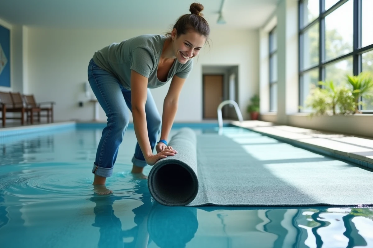 Jeune femme roulant une couverture solaire dans une piscine intérieure