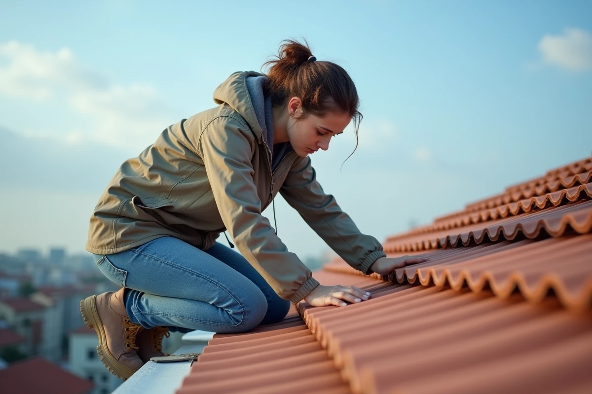 Jeune femme appliquant du mastic sur une tuile de toit en milieu urbain