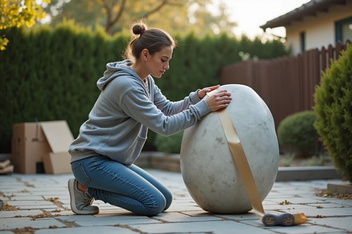 Jeune femme fixant une sculpture de jardin avec film étirable