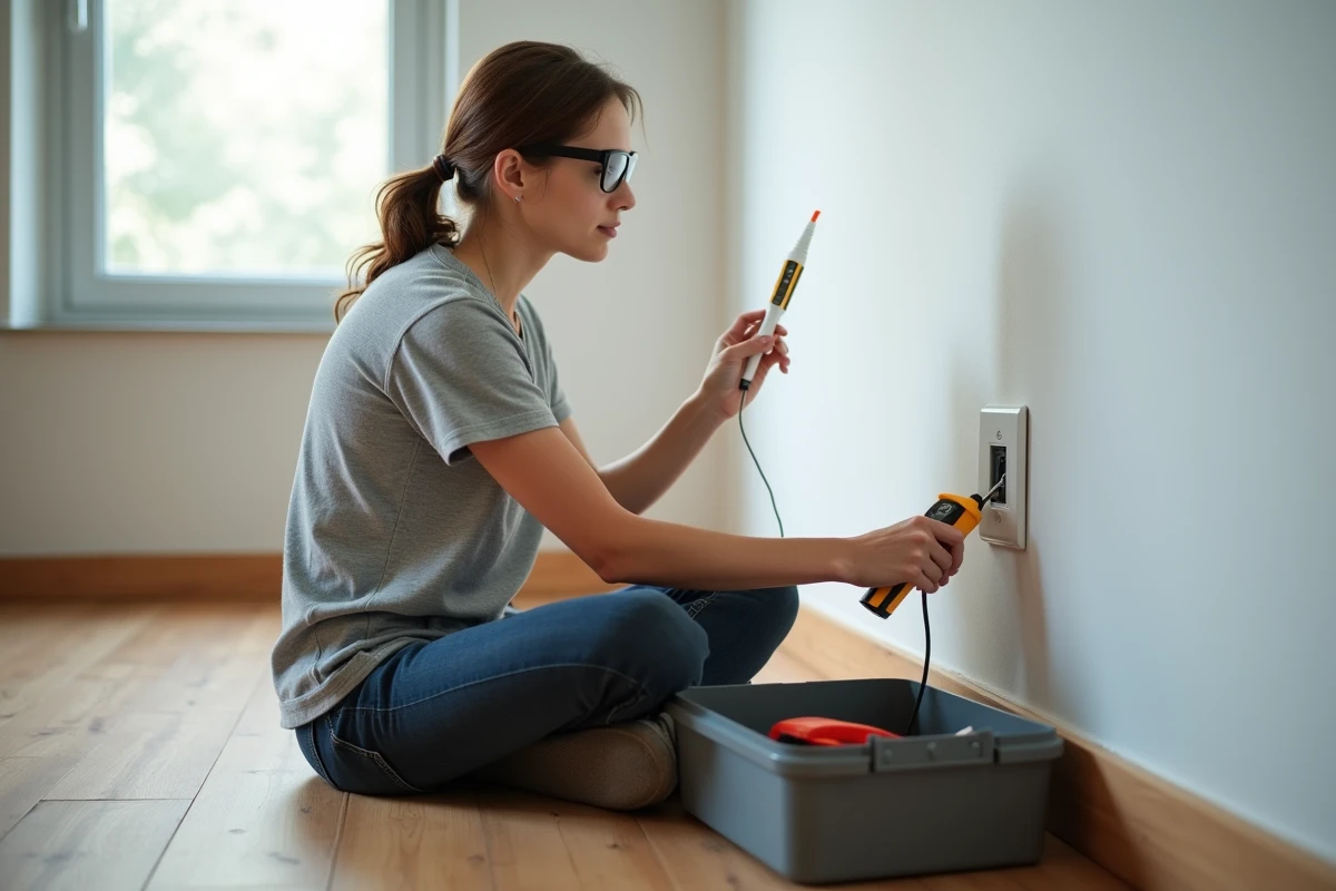 Femme testant une prise murale double nouvellement installée avec un testeur de tension, entourée d'outils électriques