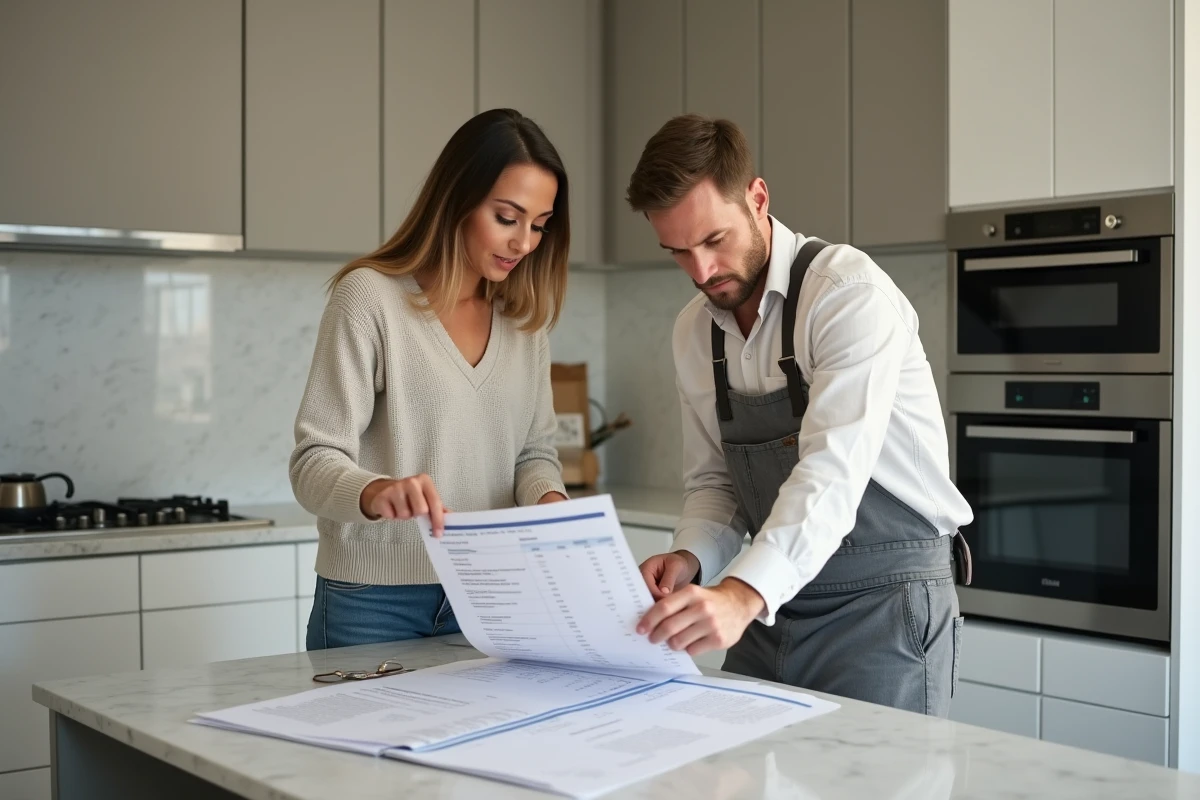 Jeune femme examinant une estimation électrique dans la cuisine