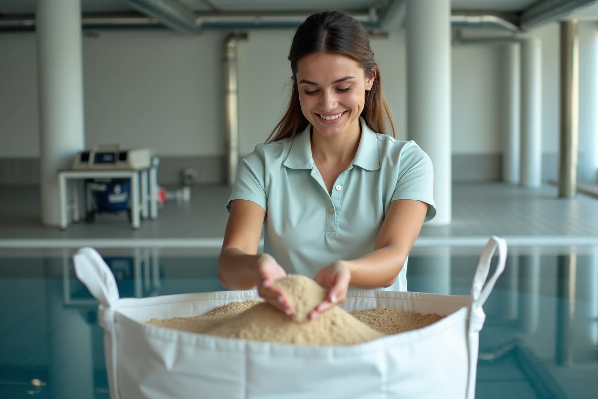 Femme examinant du sable de filtration piscine