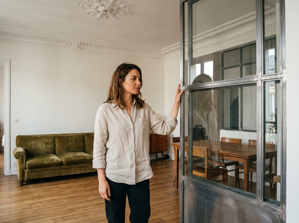 Femme debout près d'une verrière industrielle dans un séjour haussmannien rénové alliant moulures anciennes et acier contemporain