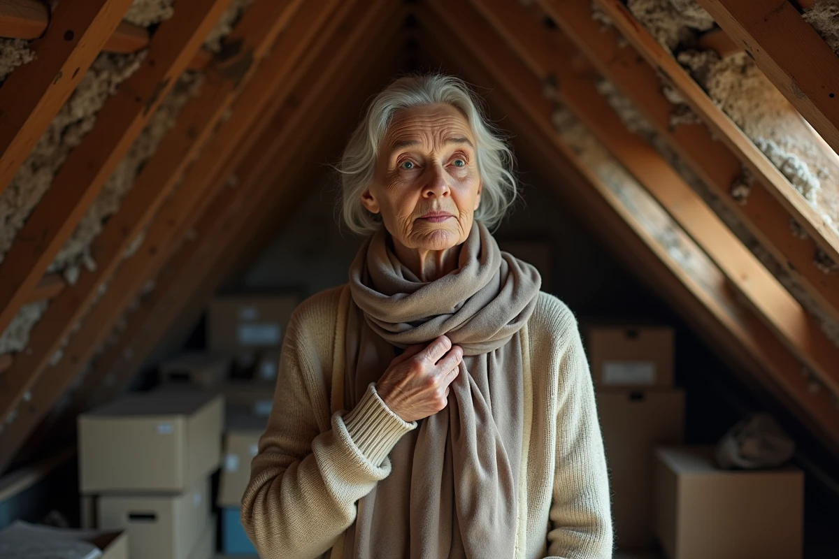 Femme âgée touchant un plafond en shingle dans un grenier