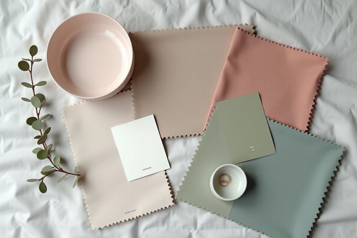 Flat lay de nuanciers textiles et échantillons de peinture apaisante pour décoration de chambre sereine