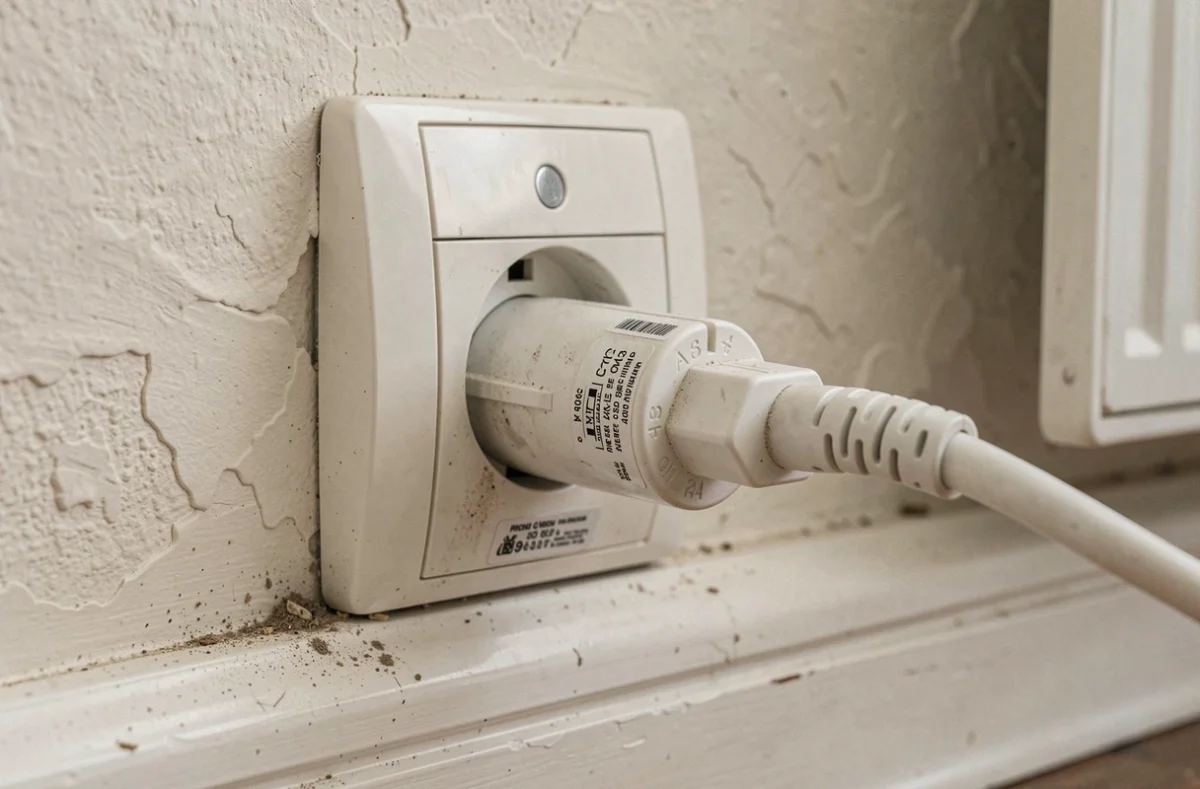 Gros plan sur une prise électrique murale avec la fiche d'un radiateur électrique et son étiquette de puissance en watts