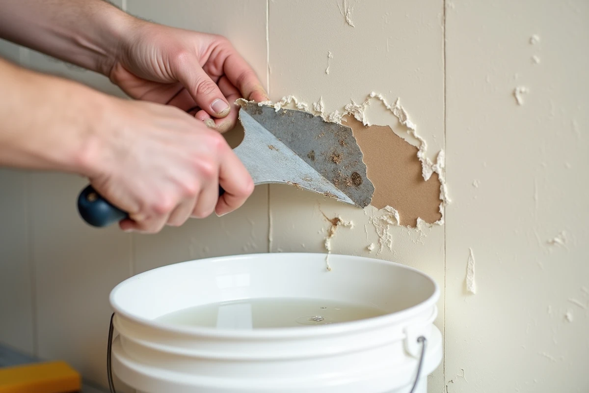 Gros plan de mains utilisant une spatule pour décoller du papier peint sur un mur en plâtre