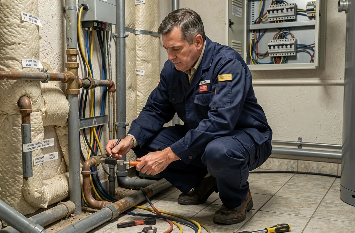 Artisan multiservice de HÉ Plomberie Chauffage Électricité PAC Climatisation raccordant une installation complète