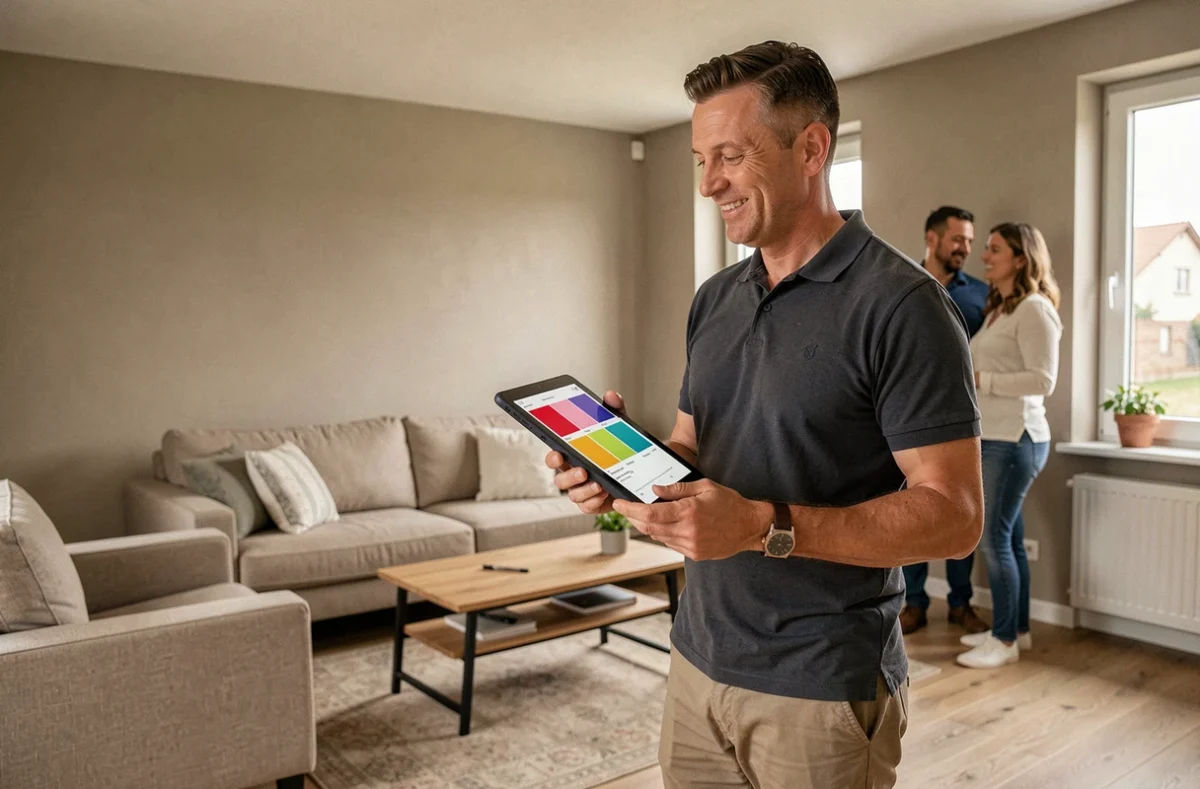 Hirlemann Dave, conseiller en décoration intérieure à Illzach, présentant des recommandations de couleurs et matériaux à des propriétaires dans un salon rénové