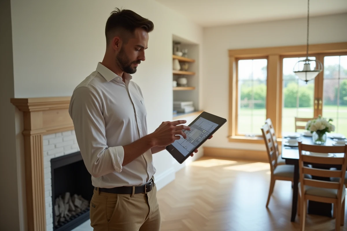 Expert en home staging vérifiant un plan digital dans une salle à manger lumineuse