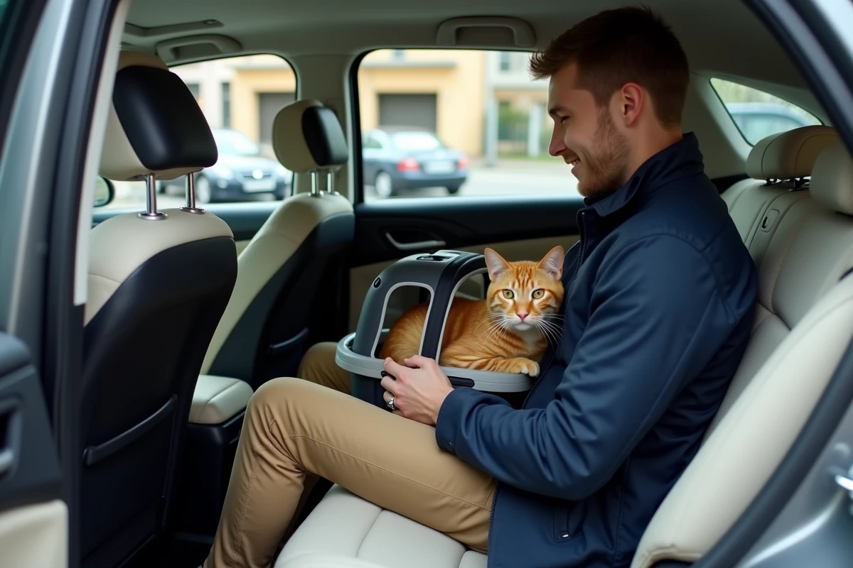 Homme installant un chat dans une caisse de voyage en voiture