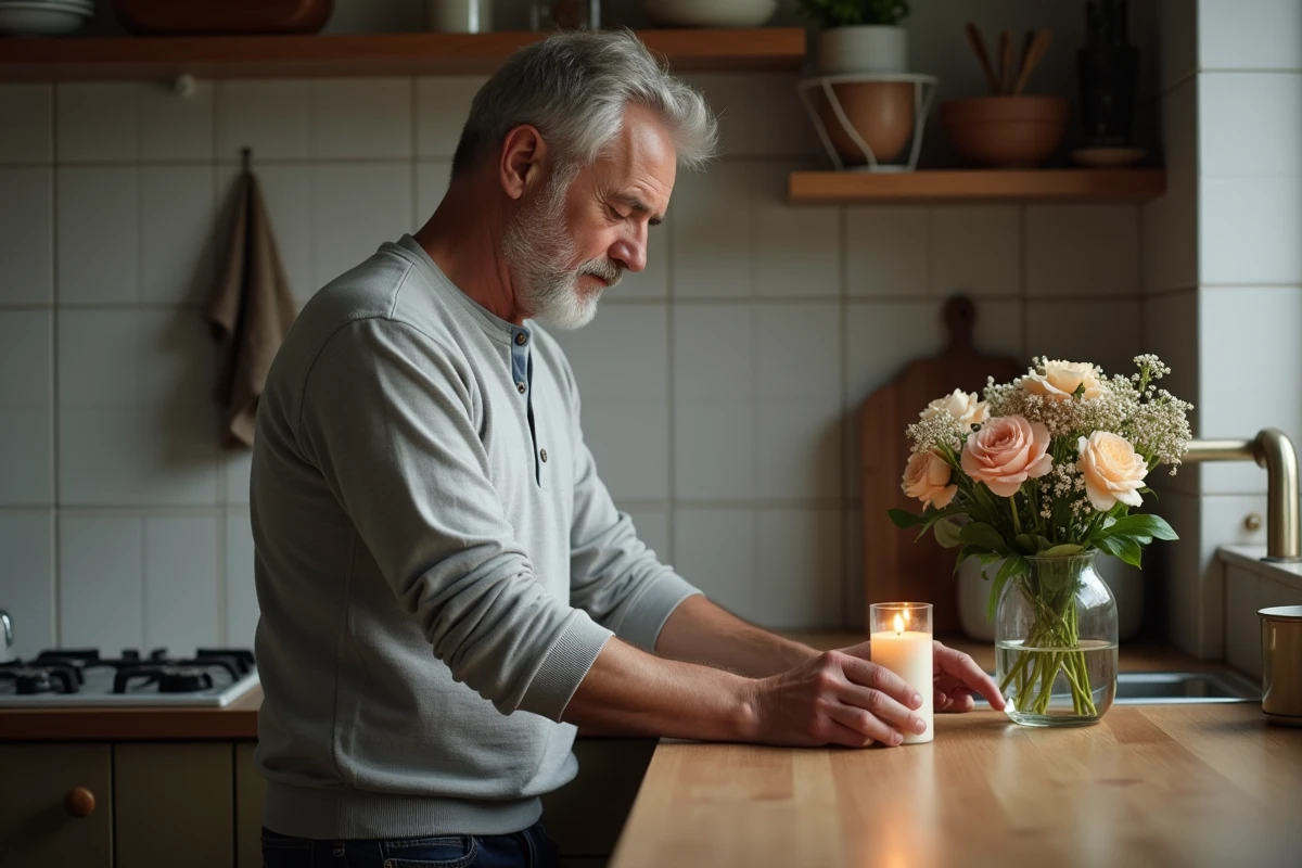 Homme regardant une bougie dans la cuisine chaleureuse