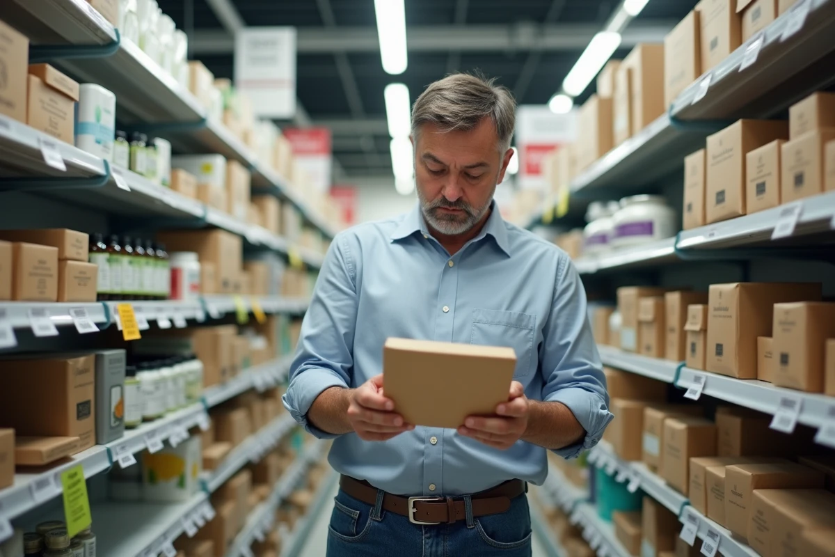 Homme examinant une boîte de bougies parfumées en magasin bio