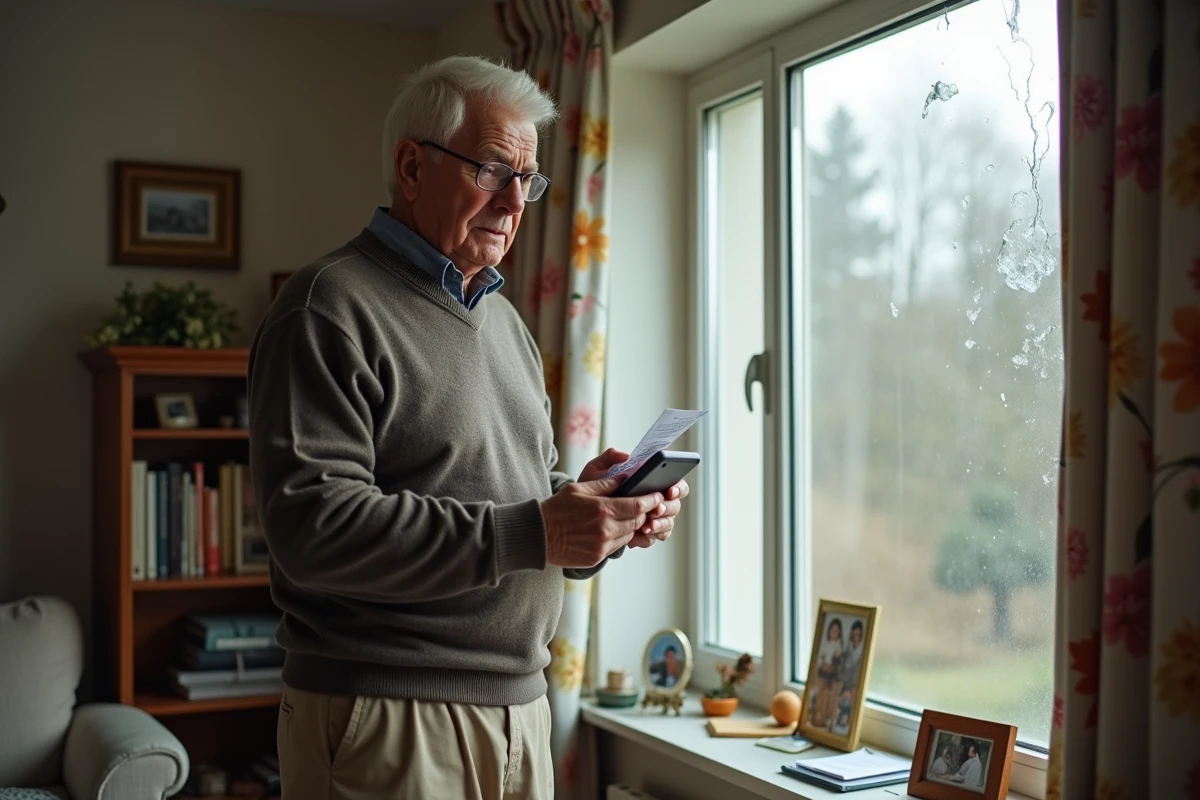 Homme âgé tenant une lettre d assurance près d une fenêtre endommagée