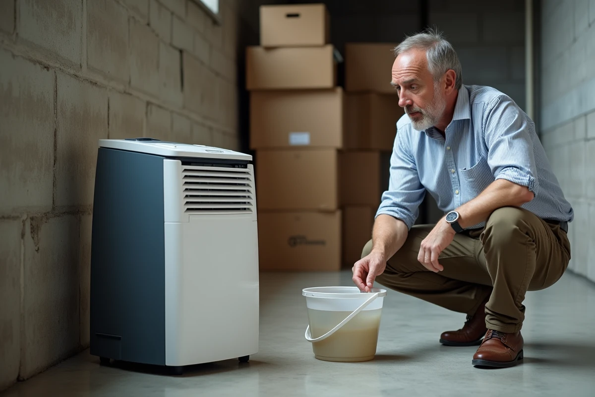 Homme vidant un dehumidificateur dans le sous-sol