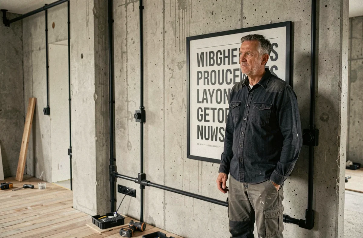 Homme observant un mur industriel décoré de manière incorrecte avec affiche de typographie mal positionnée dans un appartement en rénovation