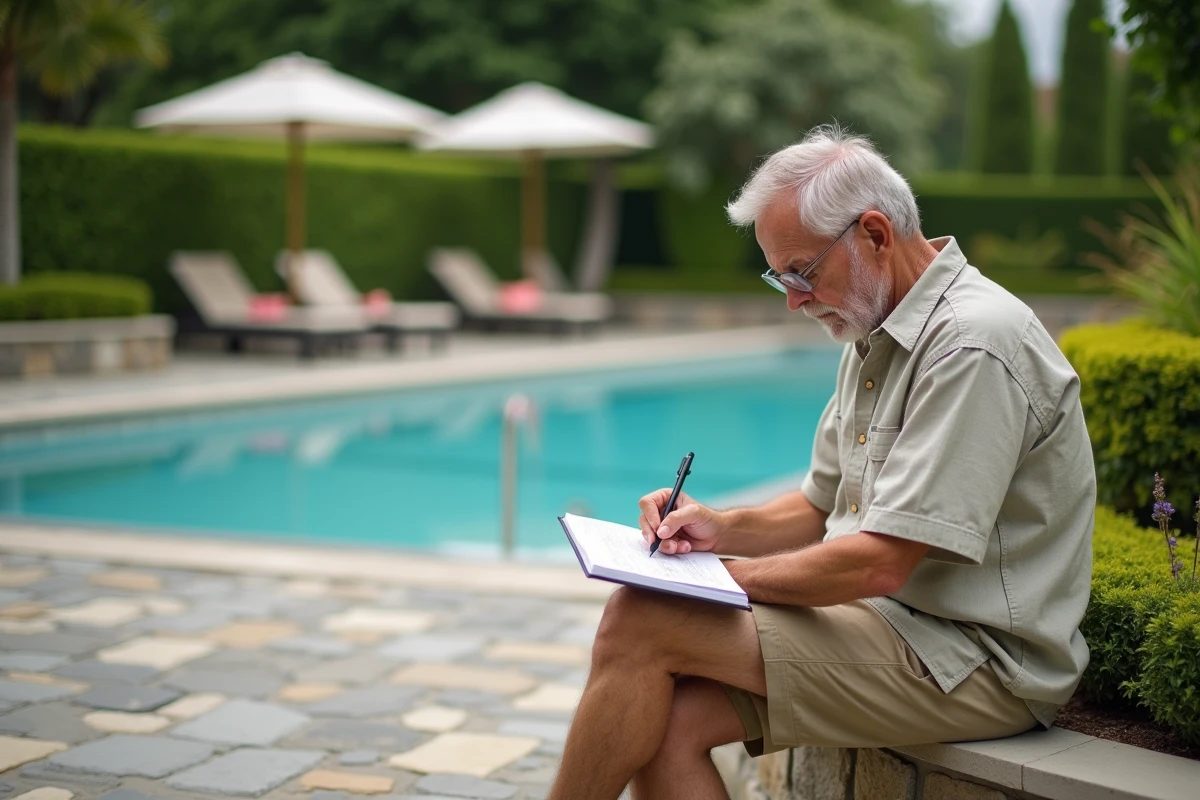 Homme âgé esquissant des idées de paysage au bord de la piscine