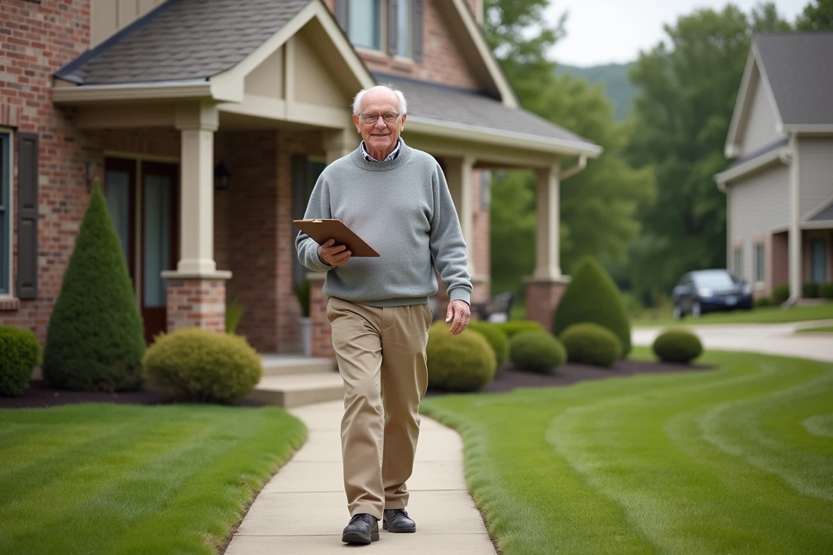 Homme age marche devant maison de banlieue