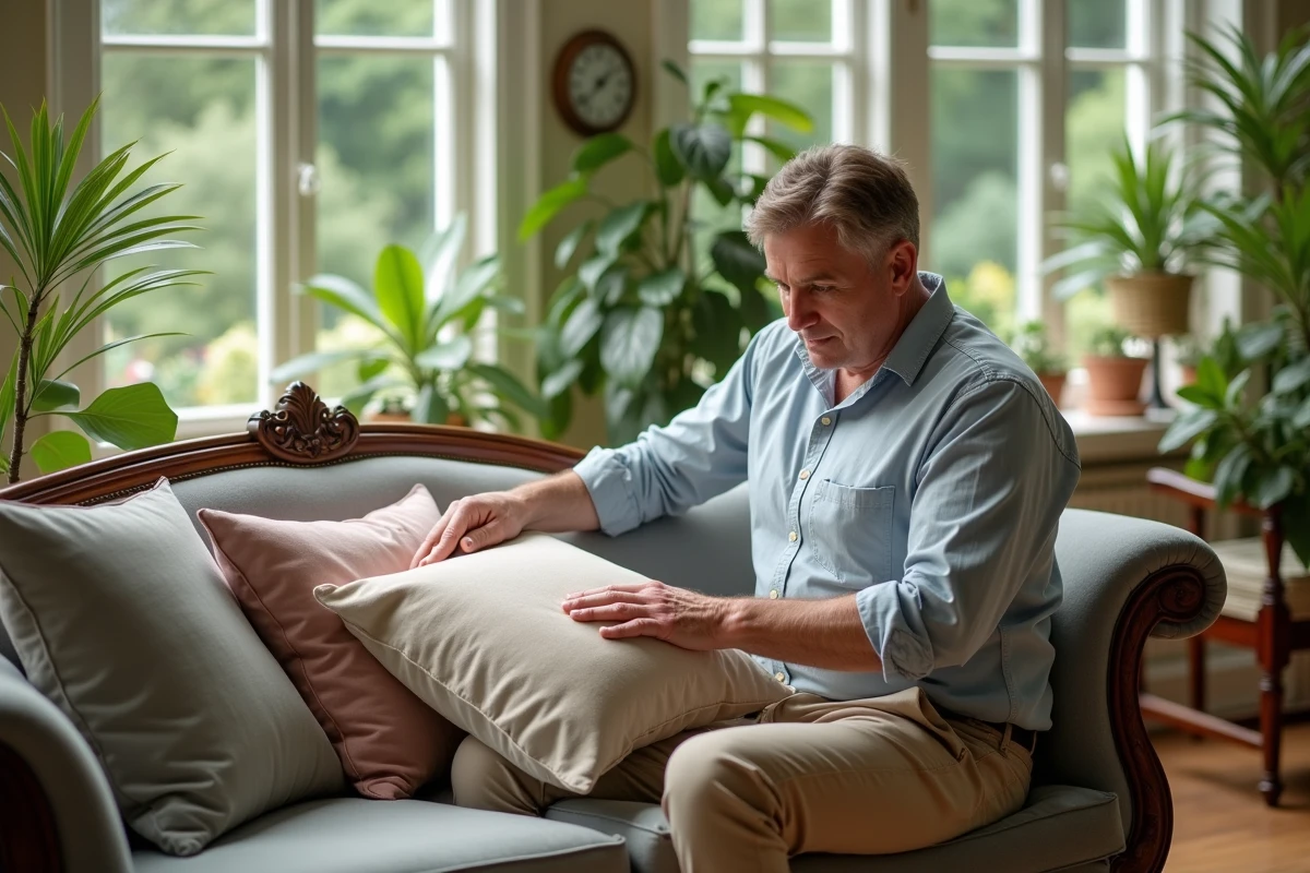 Homme repositionnant des coussins dans un salon lumineux