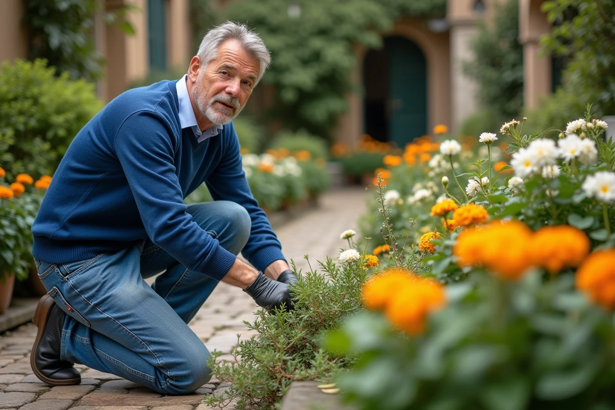 Homme en jardinage dans un jardin coloré avec jasmin et marigolds