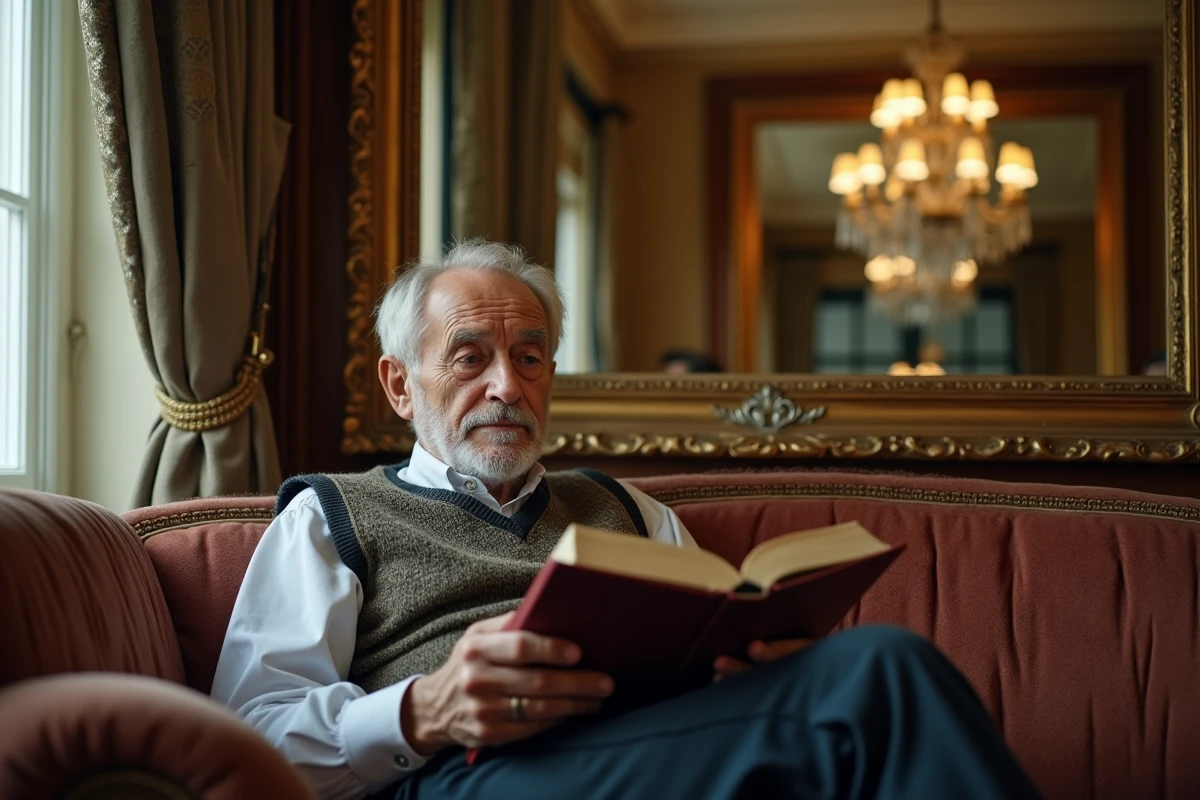 Homme âgé lisant dans un salon parisien élégant
