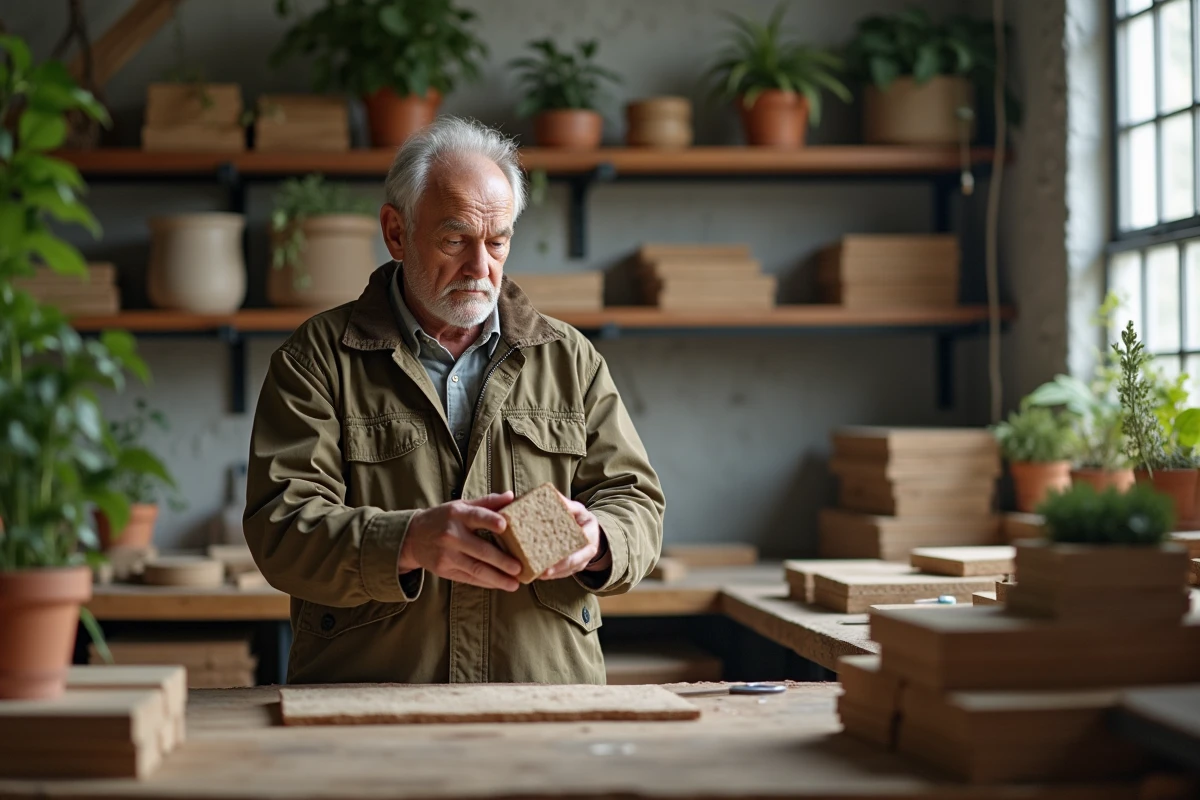 Homme tenant un materiau de construction biodégradable
