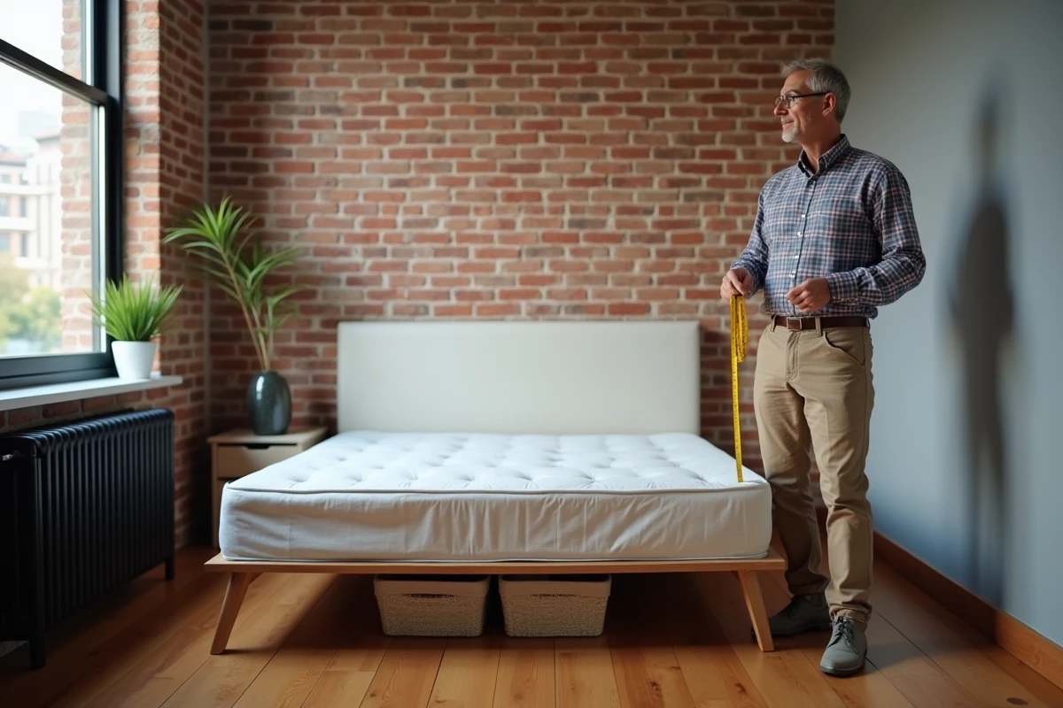 Homme vérifiant la taille du lit dans un appartement urbain
