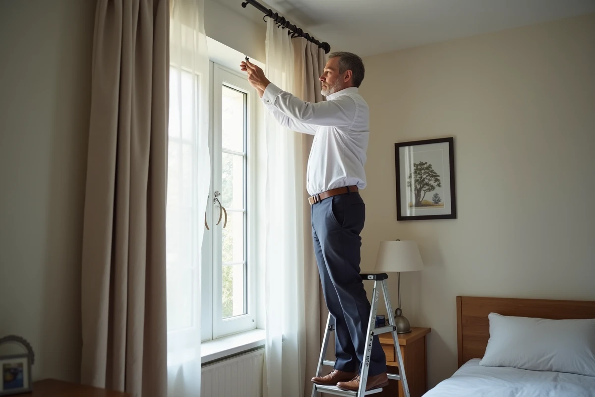 Homme fixant une tringle à rideau dans une chambre