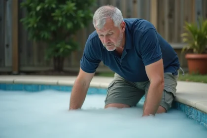 Homme d'âge moyen examinant une eau trouble dans la piscine