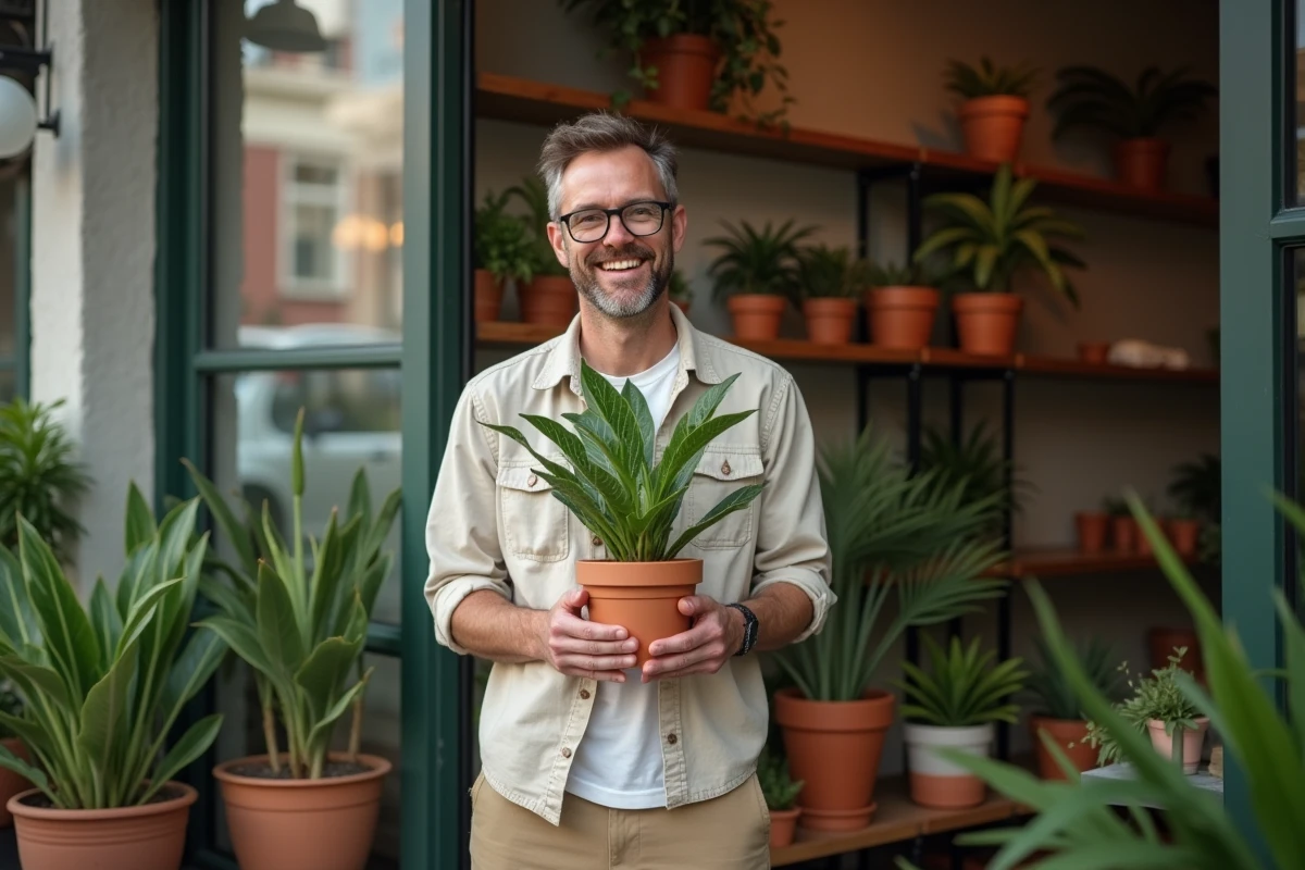 Homme tient plante chat dans boutique de plantes